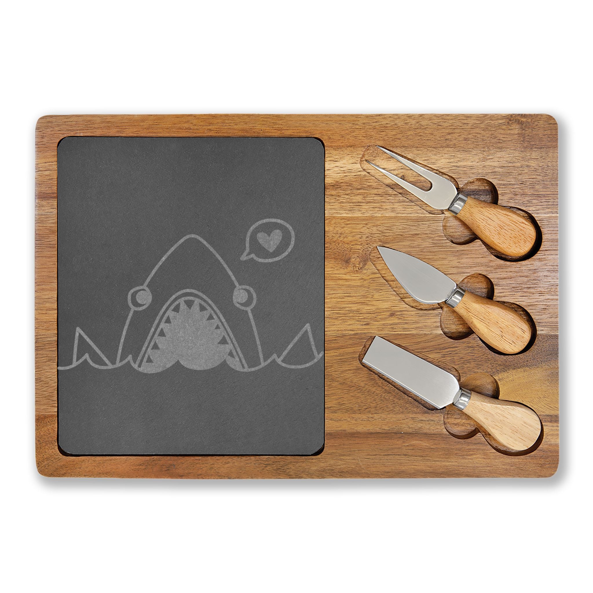 Engraved Shark Charcuterie Board with Slate Inlay — Cheese Serving Set