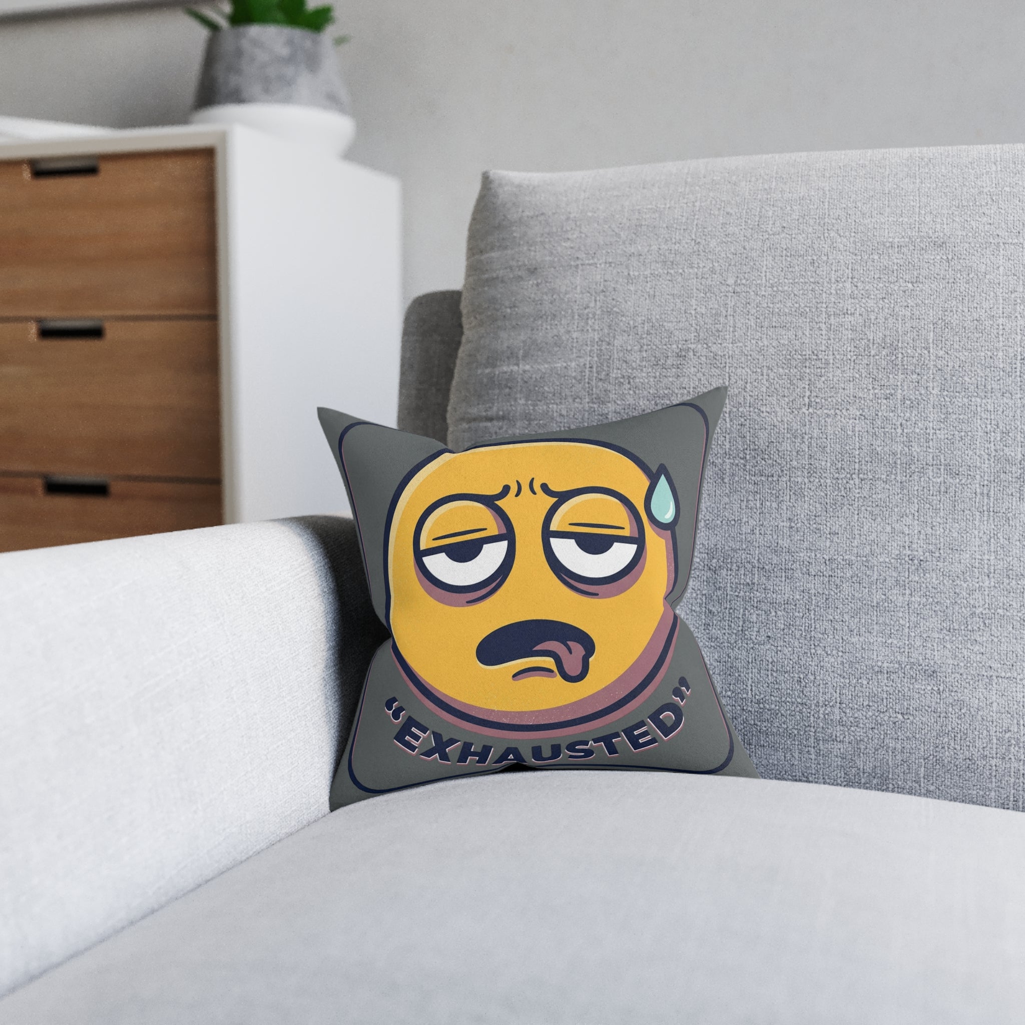 Square Pillow - Exhausted Emoji with Text