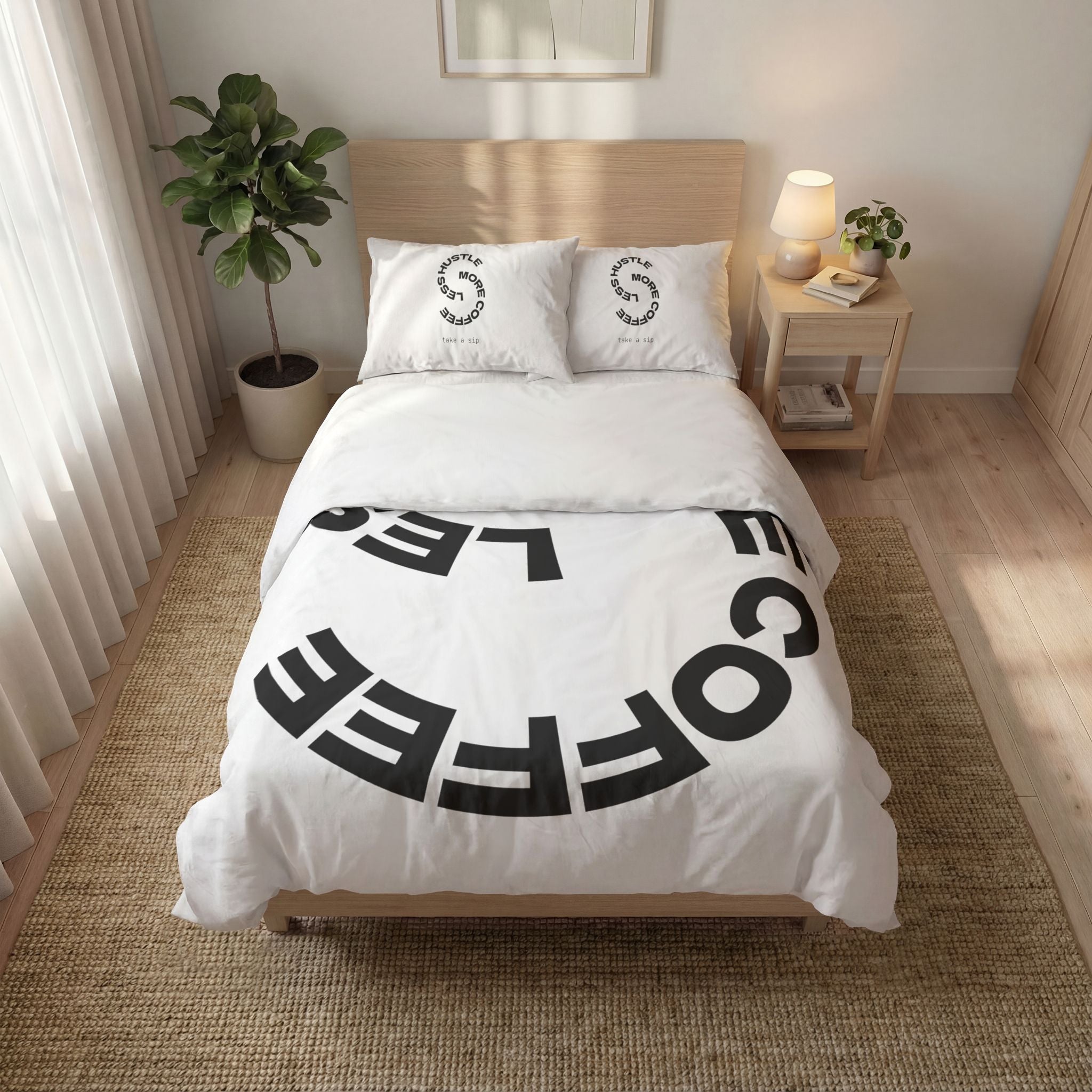 Less Hustle More Coffee Quilt Cover Set — Cozy Slogan Print Bedding Collection