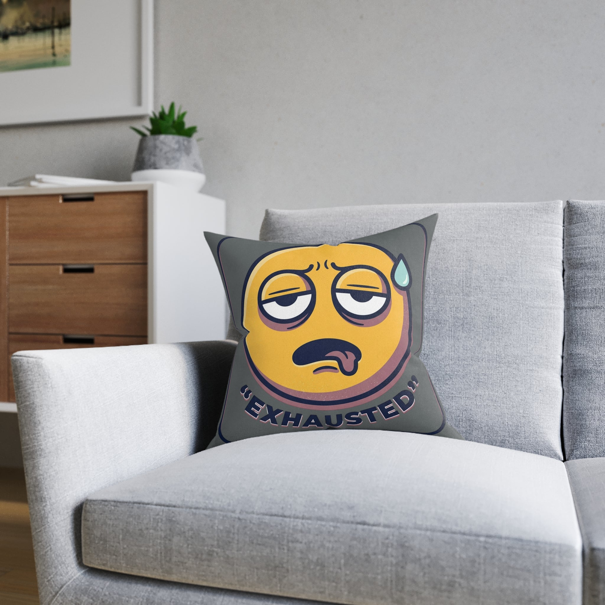 Square Pillow - Exhausted Emoji with Text